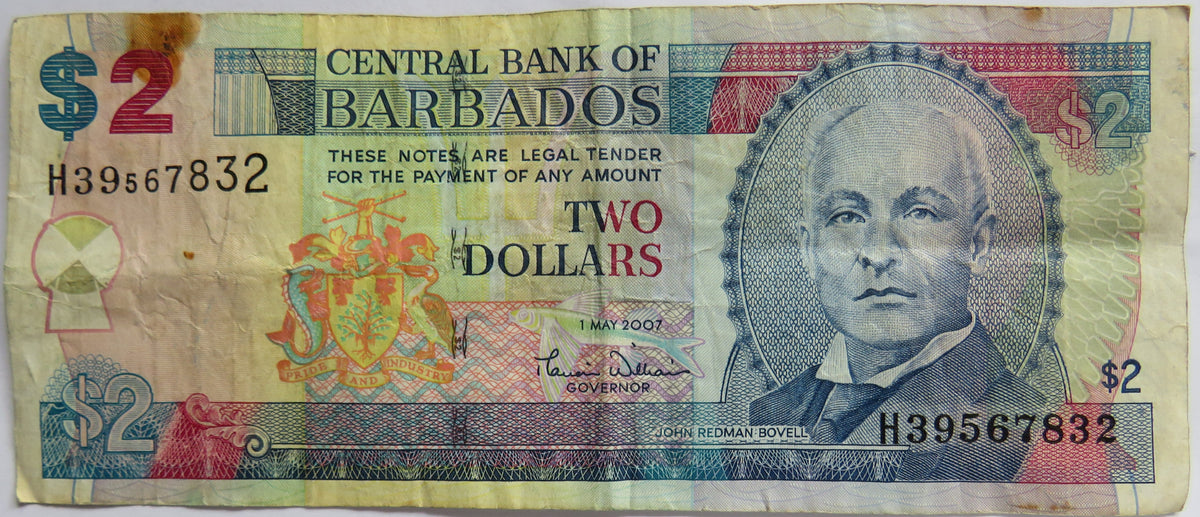 2007 Central Bank of Barbados $2 Dollars Banknote