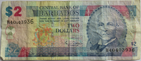 2007 Central Bank of Barbados $2 Dollars Banknote