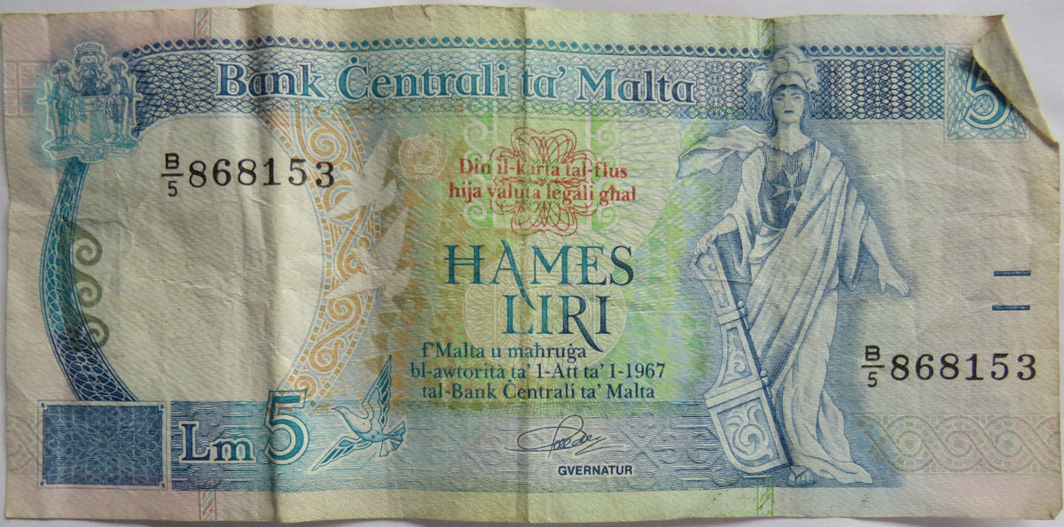 1967 Malta 5 Liri Banknote