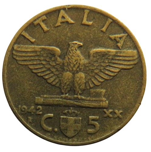 1942 Italy 5 Centesimi Coin WWII