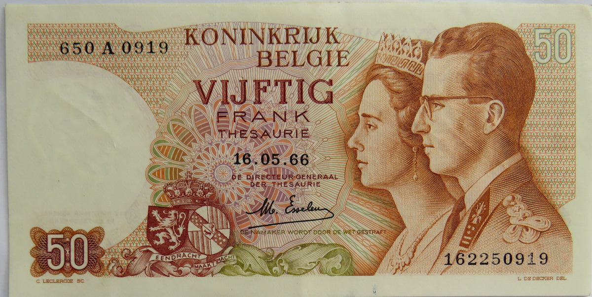 1966 Belgium 50 Francs Banknote