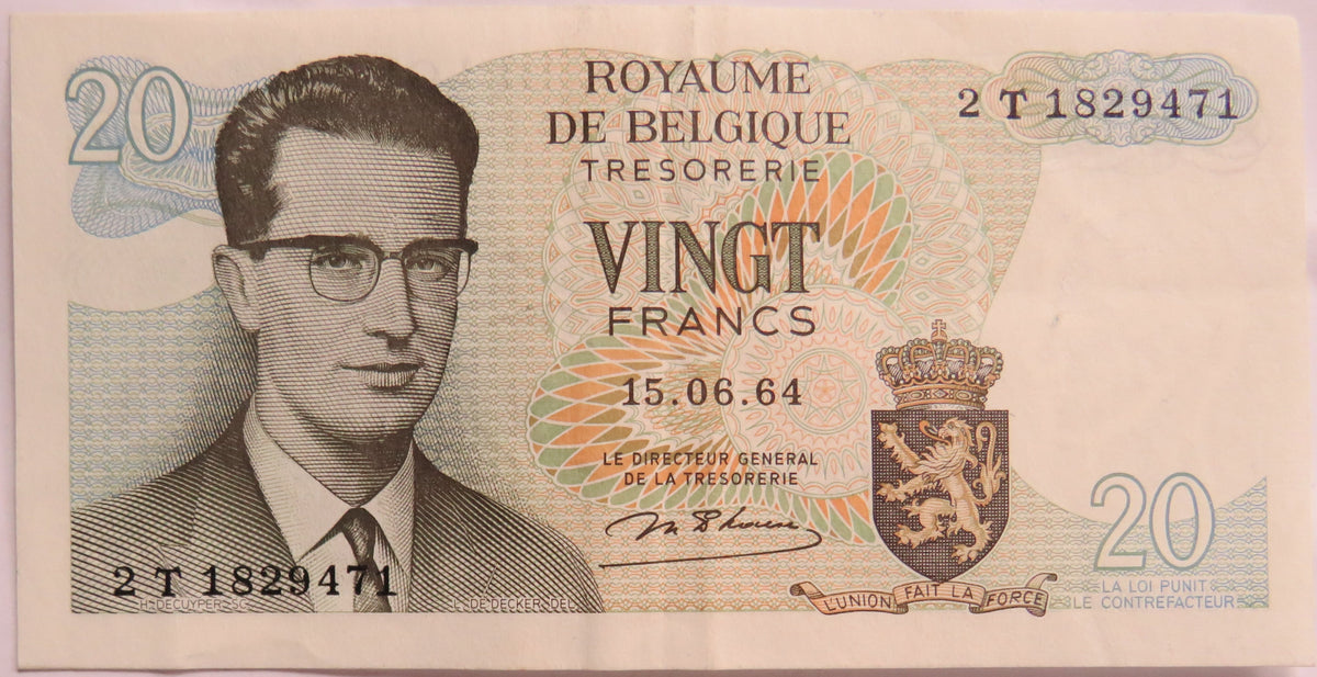 1964 Belgium 20 Francs Banknote