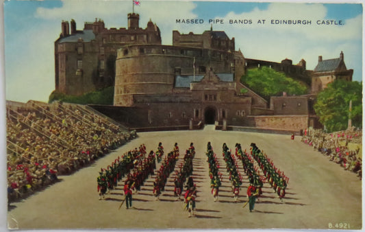 Vintage Postcard Of Massed Pipe Bands At Edinburgh Castle