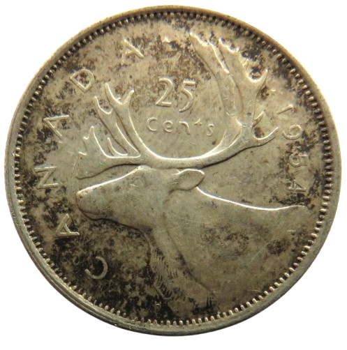 1954 Queen Elizabeth II Canada Silver 25 Cents Coin