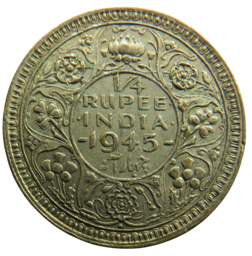 1945 King George VI India Silver 1/4 Rupee Coin