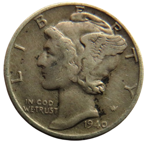 1940 USA Silver Mercury One Dime Coin