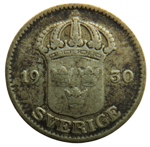 1930 Sweden Silver 25 Ore Coin