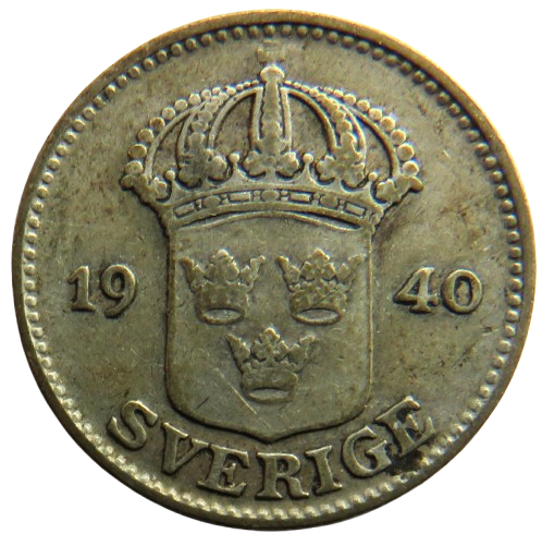 1940 Sweden Silver 25 Ore Coin