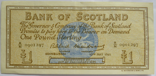 1965 Bank of Scotland £1 One Pound Banknote image 1