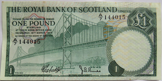 1969 The Royal Bank of Scotland £1 One Pound Banknote image 1