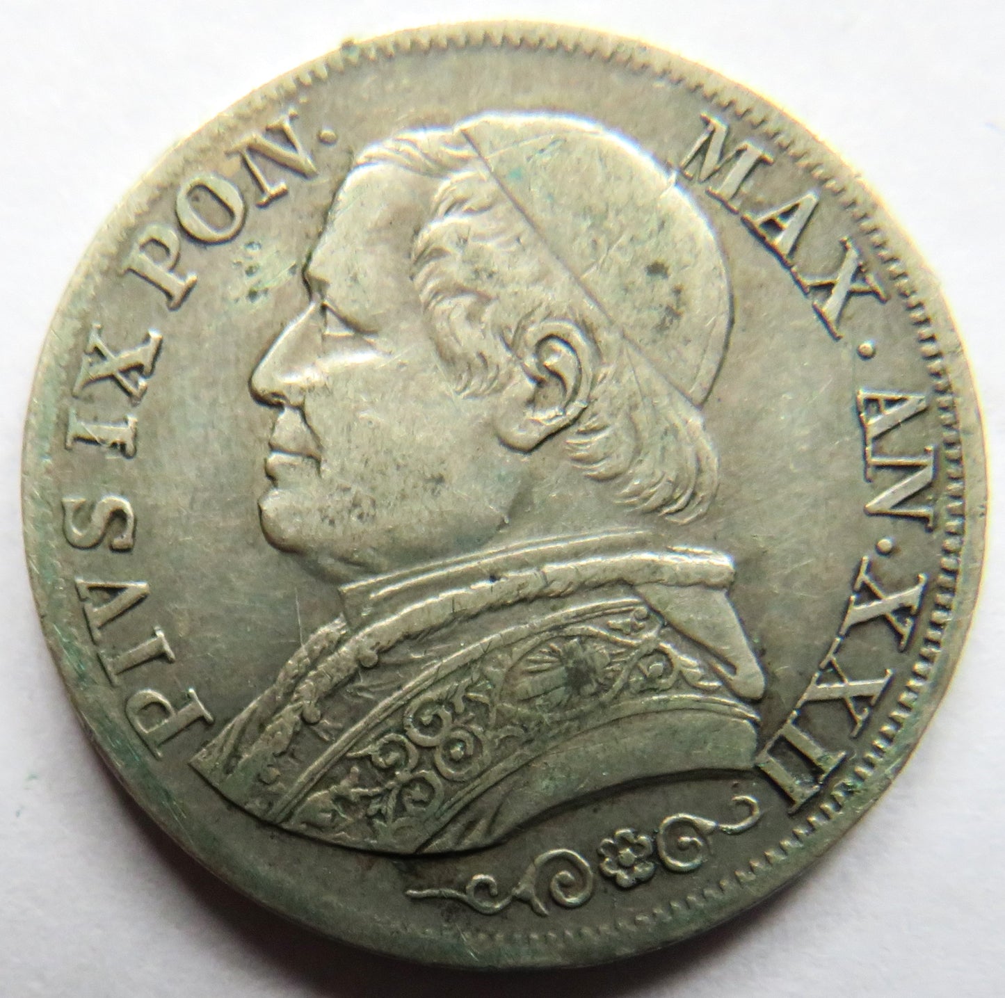 1868 Italian Papal States Silver 1 Lira Coin