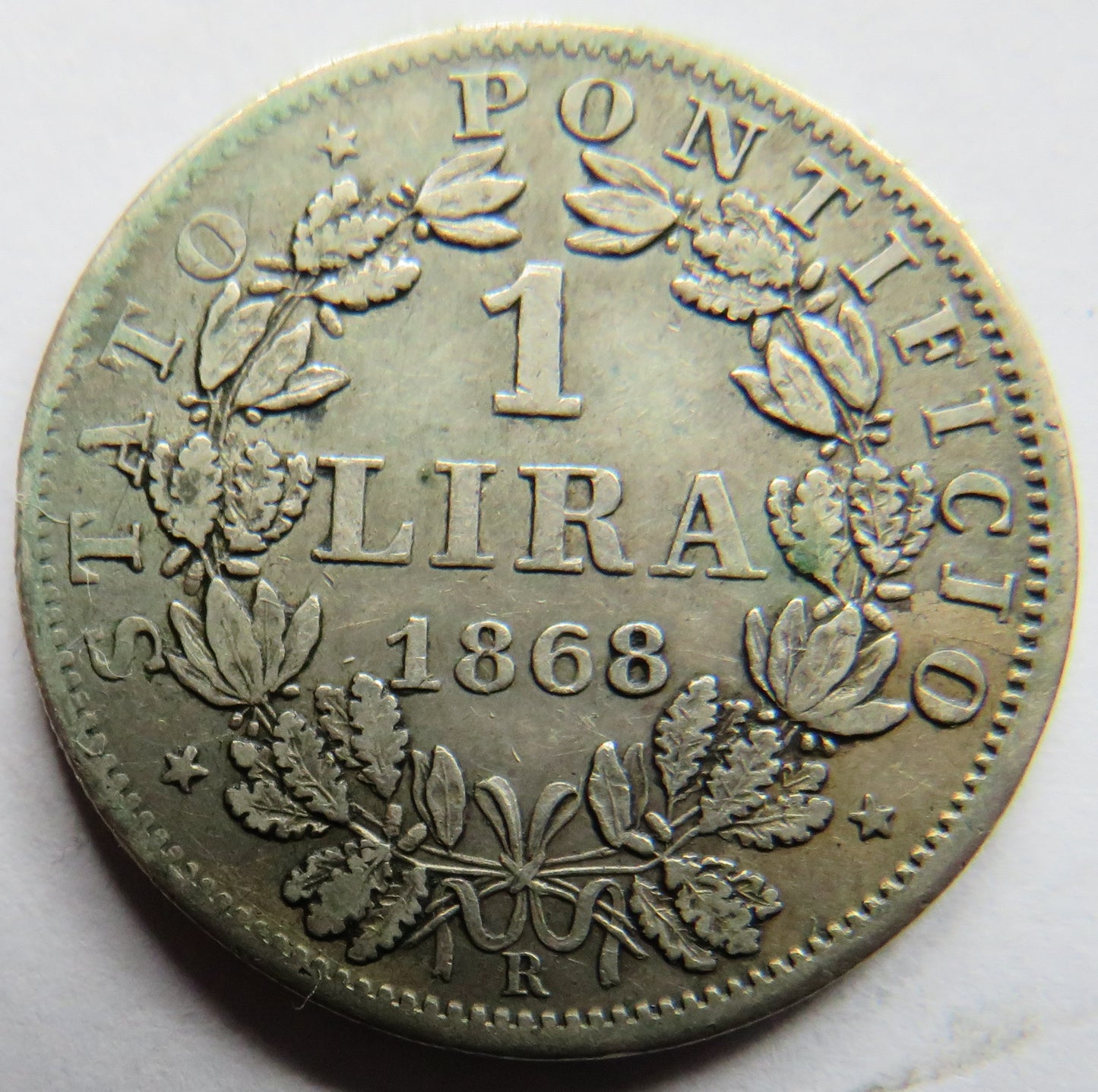 1868 Italian Papal States Silver 1 Lira Coin