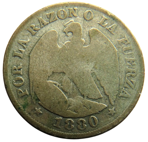 1880 Chile Silver 20 Centavos Coin