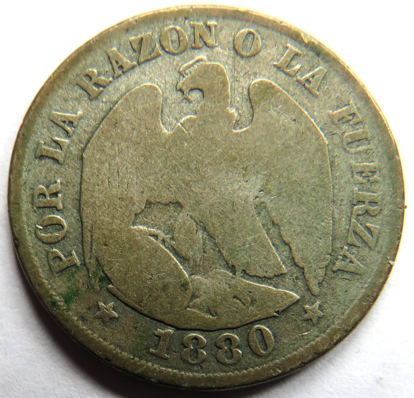 1880 Chile Silver 20 Centavos Coin