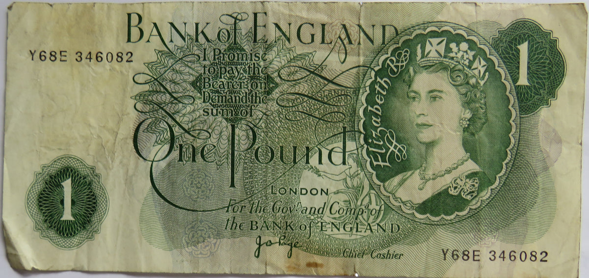 C.1970 Bank of England £1 One Pound Banknote J.B. Page (Y68E)