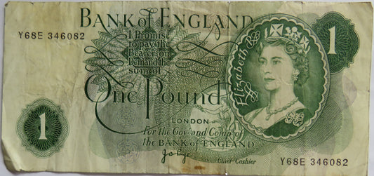 C.1970 Bank of England £1 One Pound Banknote J.B. Page (Y68E)