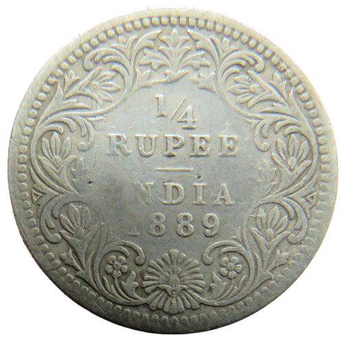 1889 Queen Victoria India Silver 1/4 Quarter Rupee Coin