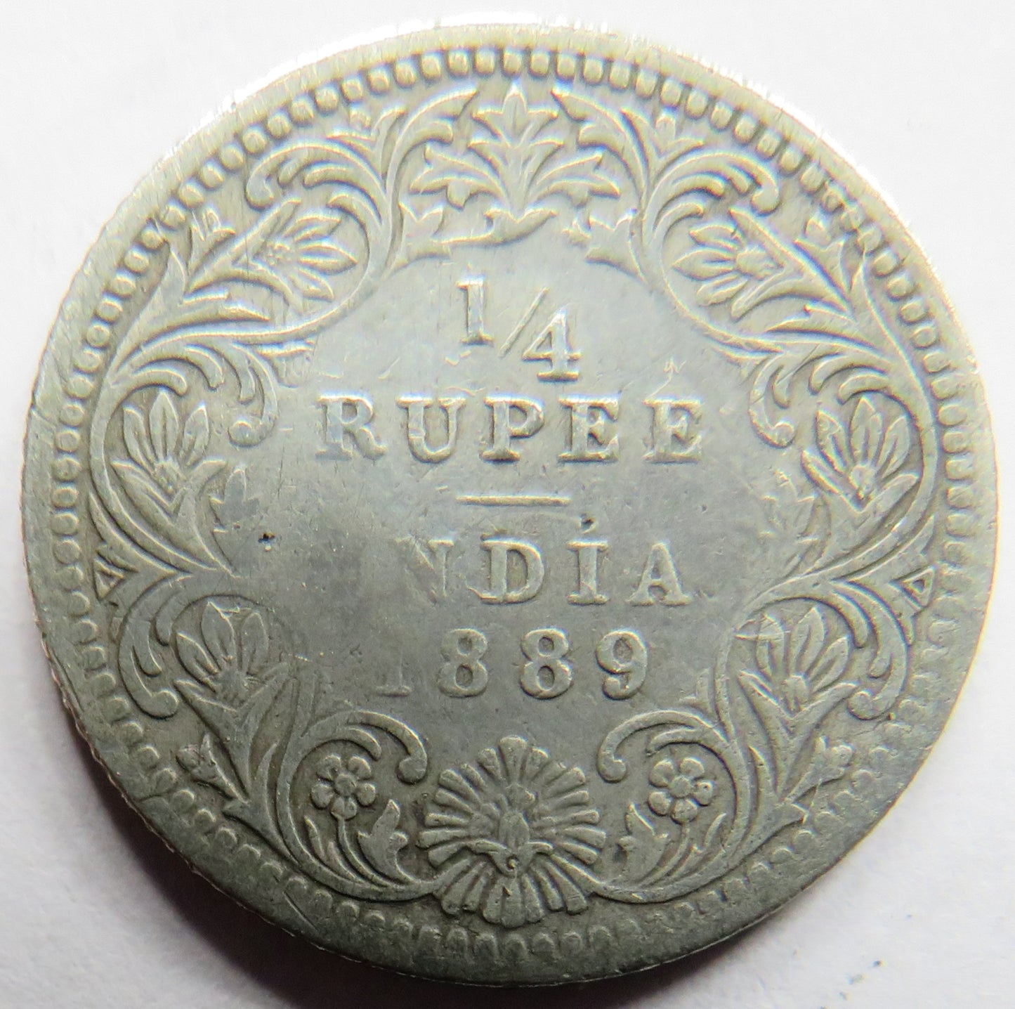 1889 Queen Victoria India Silver 1/4 Quarter Rupee Coin