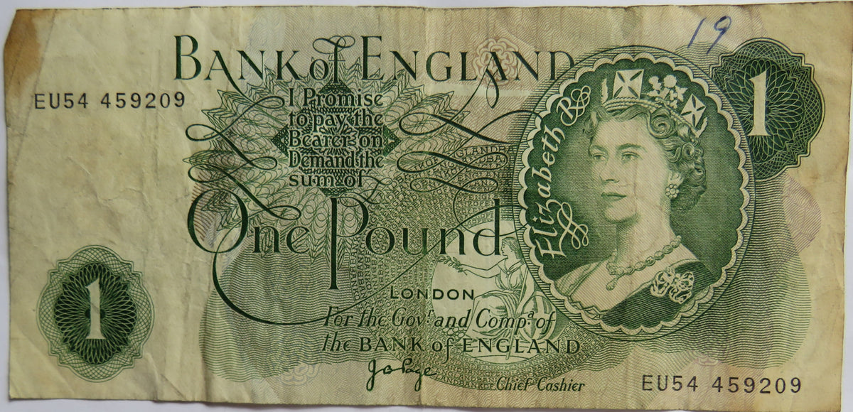 C.1970 Bank of England £1 One Pound Banknote J.B. Page (EU54)