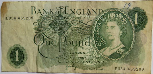 C.1970 Bank of England £1 One Pound Banknote J.B. Page (EU54)