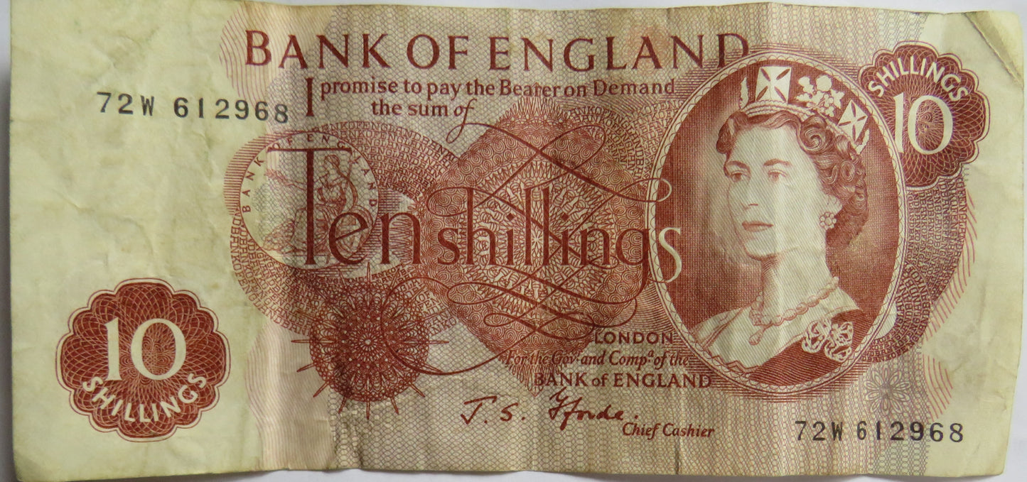 C.1967 Bank of England 10 Ten Shillings Banknote J.S. Fforde (72W)