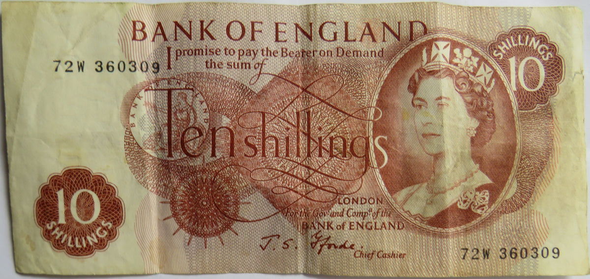 C.1967 Bank of England 10 Ten Shillings Banknote J.S. Fforde (72W)