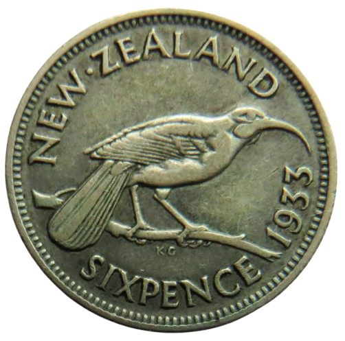 1933 King George V New Zealand Silver Sixpence Coin