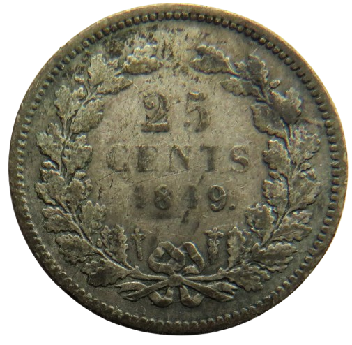 1849 Netherlands Silver 25 Cents Coin