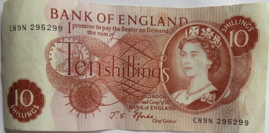 C.1967 Bank of England 10 Ten Shillings Banknote J.S. Fforde ( C89N)