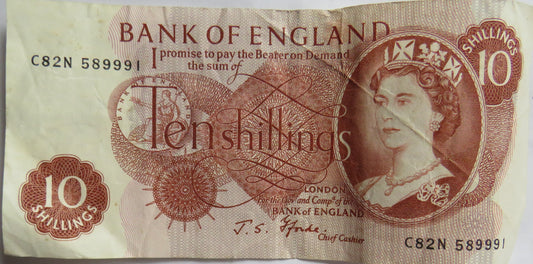 C.1967 Bank of England 10 Ten Shillings Banknote J.S. Fforde (C82N)
