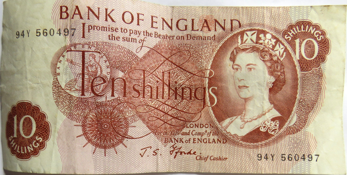 C.1967 Bank of England 10 Ten Shillings Banknote J.S. Fforde (94Y)