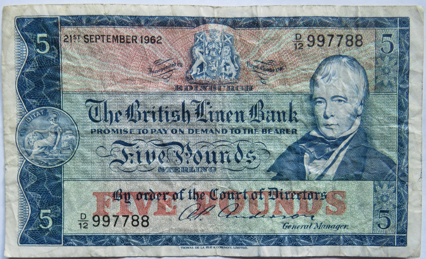 1962 The British Linen Bank £5 Five Pound Banknote