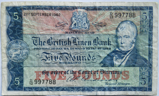 1962 The British Linen Bank £5 Five Pound Banknote