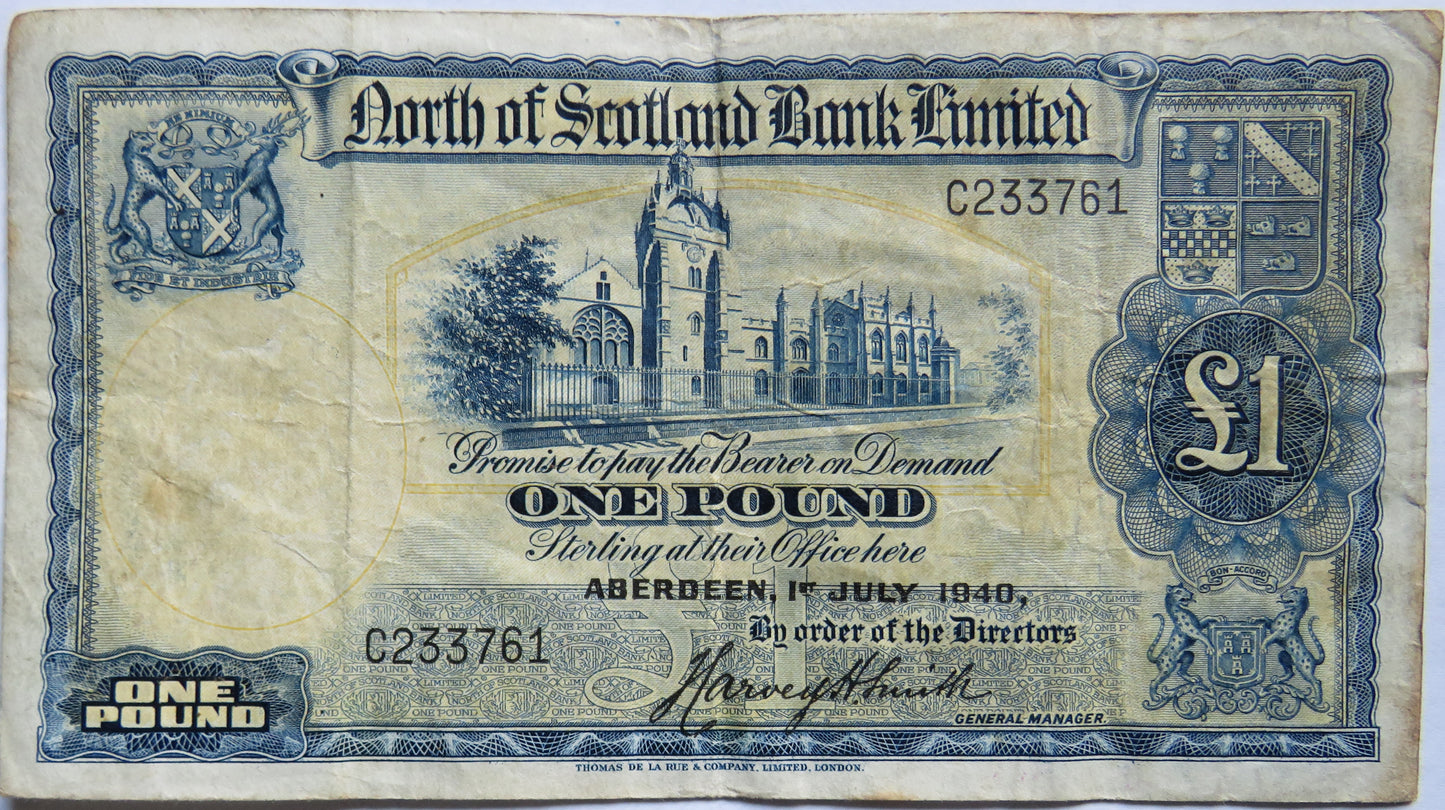 1940 North of Scotland Bank Limited £1 One Pound Banknote