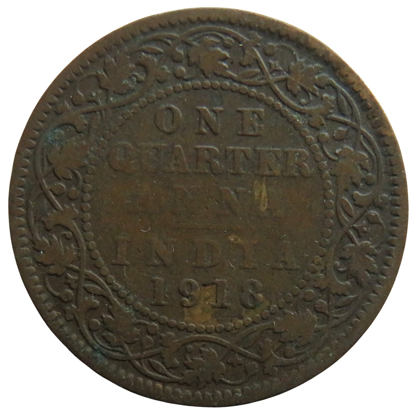 1918 King George V India 1/4 Anna Coin