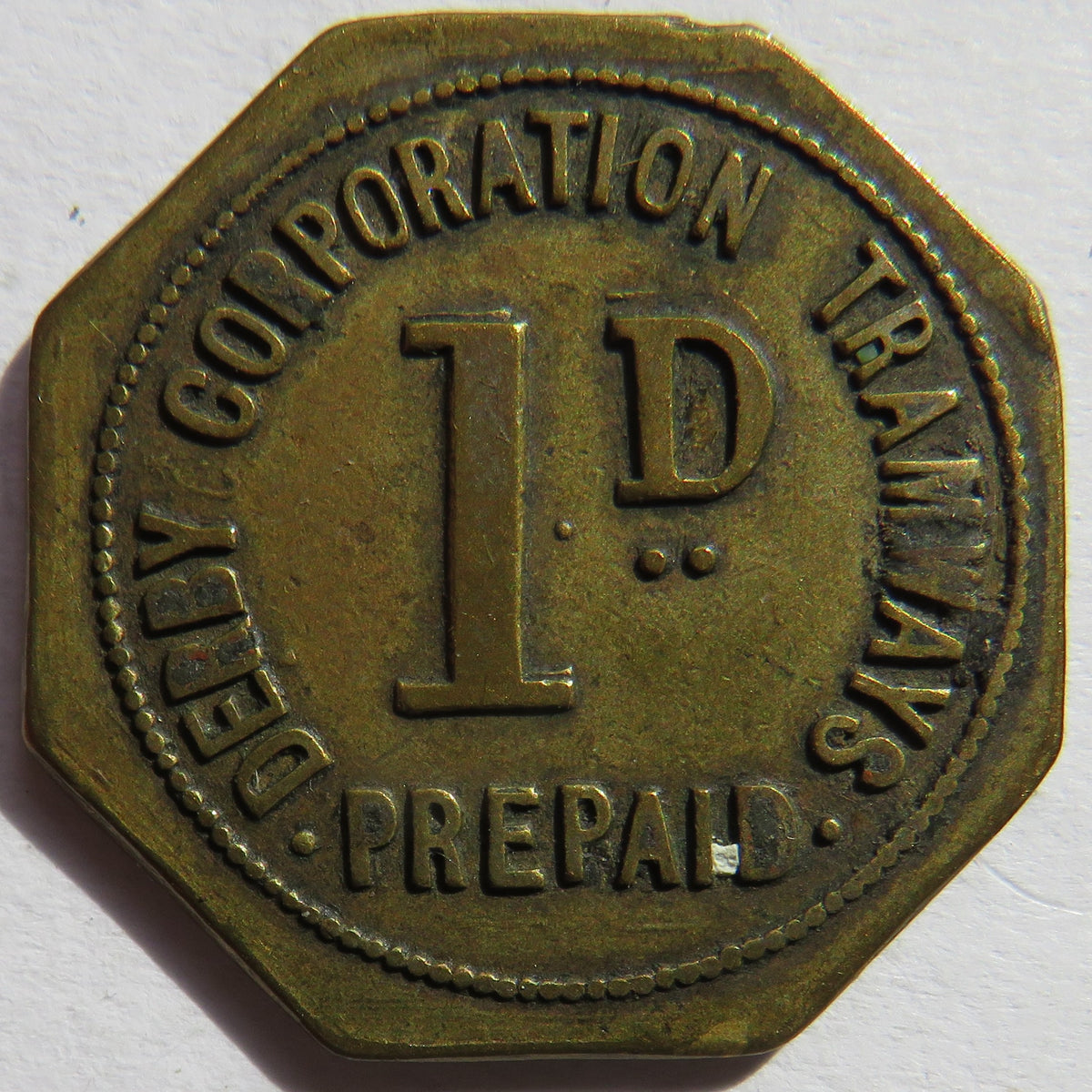 Derby Corporation Tramways Prepaid 1d One Penny Token