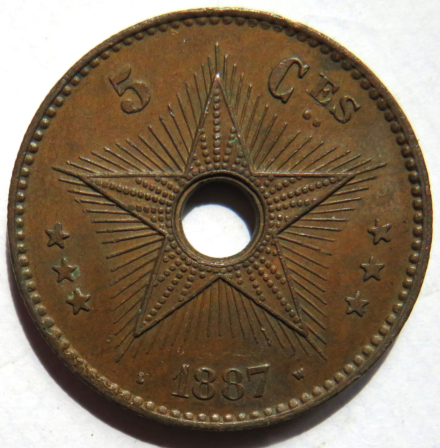 1887 Belgian Congo 5 Centimes Coin In Better Grade
