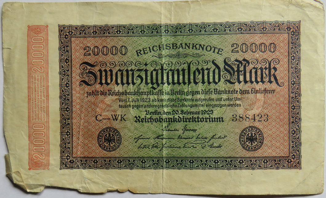 1923 Germany 20000 Mark Banknote