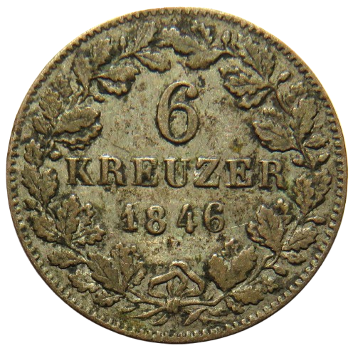 1846 German States Wurttemberg 6 Kreuzer Coin
