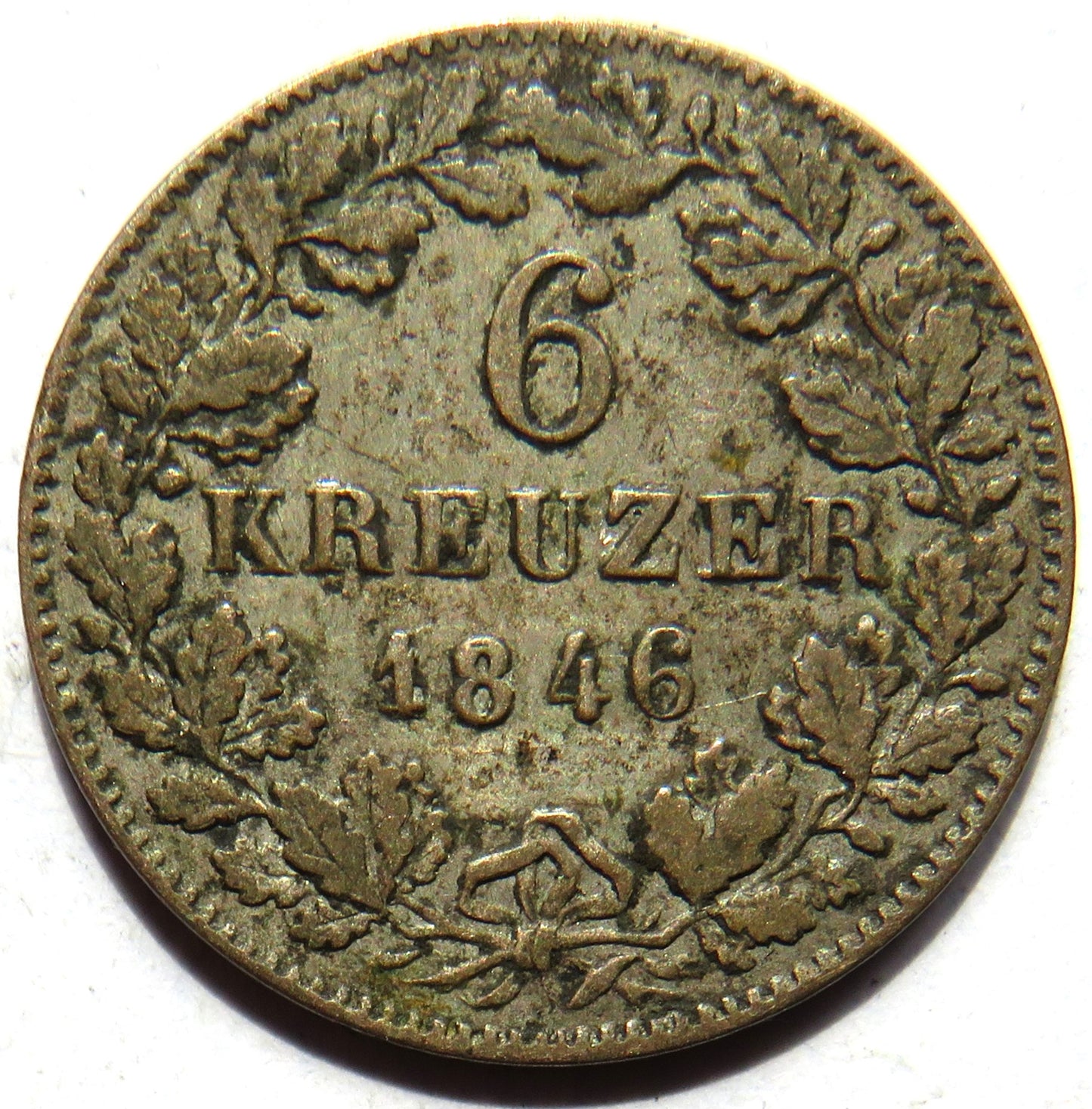 1846 German States Wurttemberg 6 Kreuzer Coin