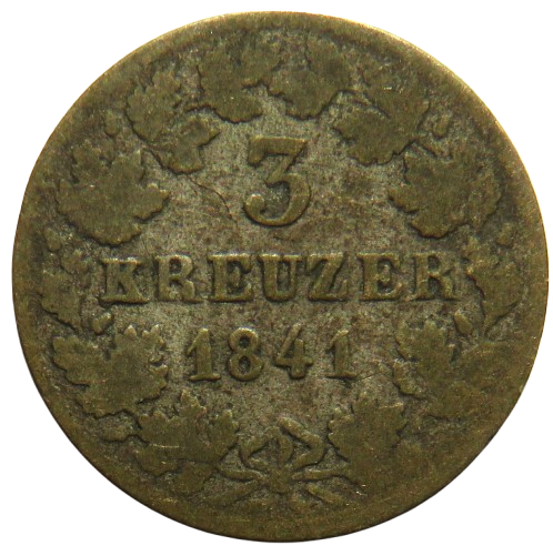 1841 German States Baden 3 Kreuzer Coin