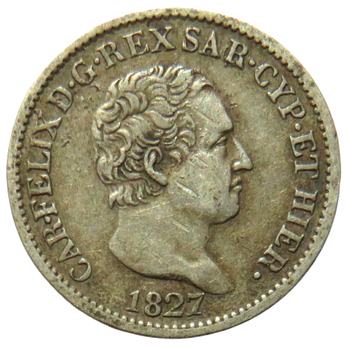 1827 Italian States Sardinia Silver 50 Centesimi Coin