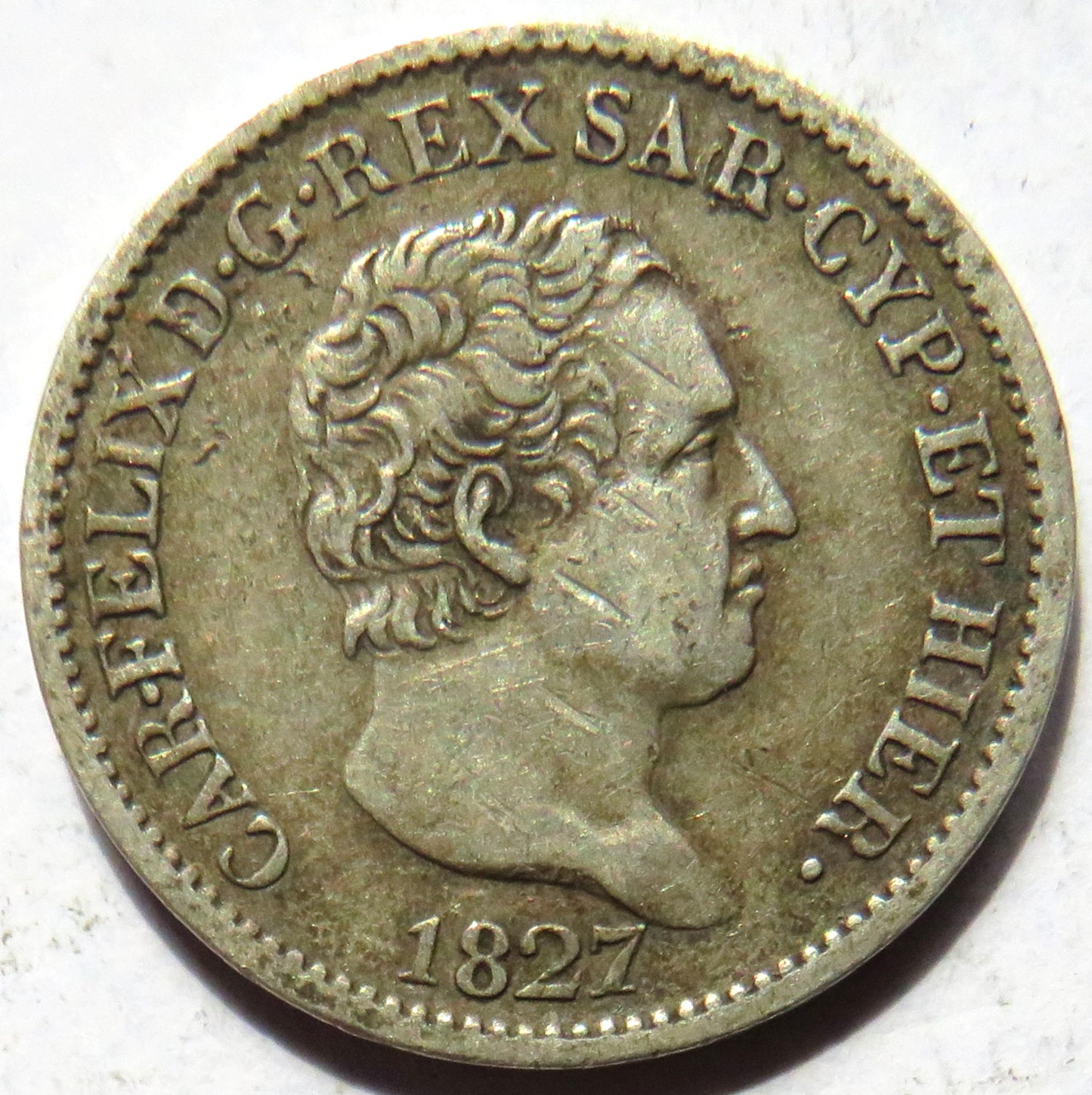 1827 Italian States Sardinia Silver 50 Centesimi Coin