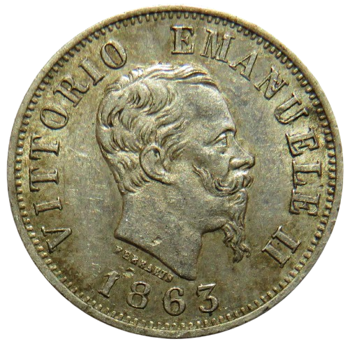 1863 Italy Silver 50 Centesimi Coin In Higher Grade