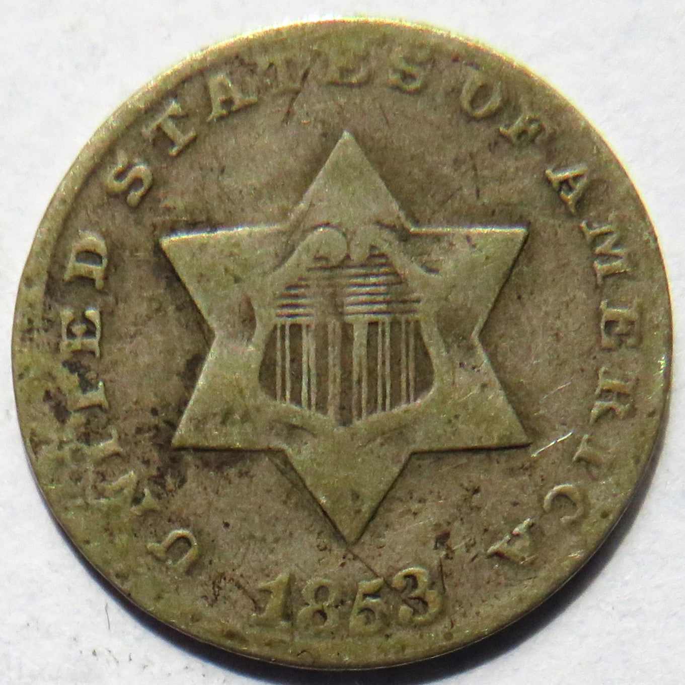 1853 USA Silver 3 Cents Coin