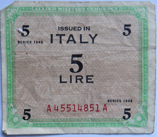 1943 Italy 5 Lire Banknote Allied Military Currency