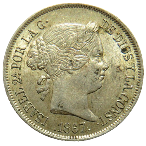 1867 Spain Silver 40 Centimos Coin In High Grade