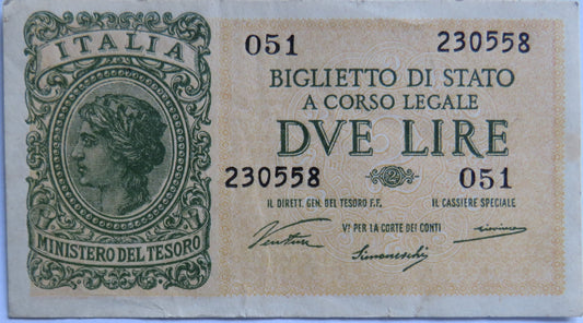 1944 Italy 2 Lire Banknote