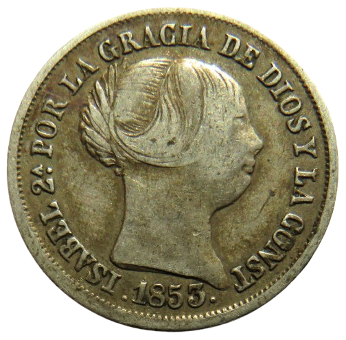 1853 Spain Silver 2 Reals Coin Isabella II