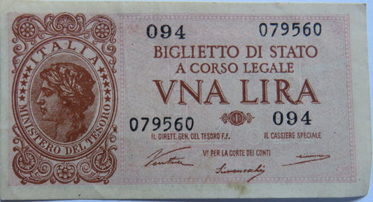 1944 Italy 1 Lira Banknote.